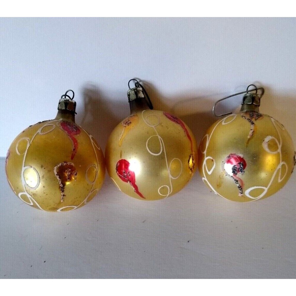 3 Glass Ornaments Vintage Green Gold Painted Abstract Round Christmas Tree